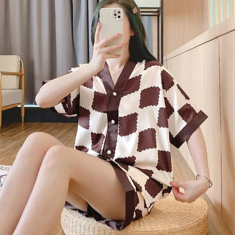 Luxury Women Silk Sleepwear Summer Short Sleeve Cardigan Shorts Two Pieces Homewear Kawaii Clothing Pajama Sets Nightwear Korean