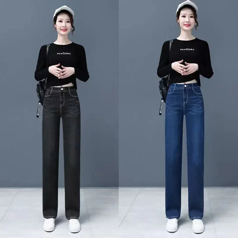 Women Vintage Thicken Loose Straight Jeans Korean Fashion High Waist Velvet Lined Denim Pants Winter Warm Snow Wear Vaqueros New