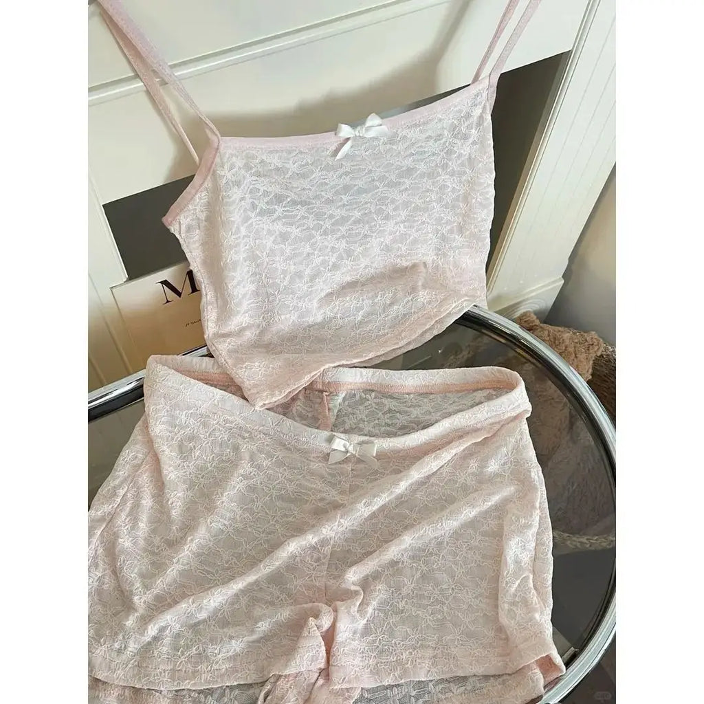 ElyraLux Women's Sexy Pajama Lace Suspenders Shorts Two Piece Summer Slim Fit Clothes Sweet Style Sleeveless Matching Outfits
