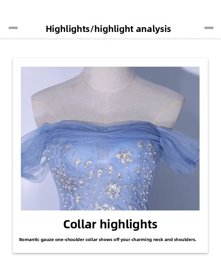 One Shoulder Evening Dress 2026 Summer New Haze Blue Vocal Art Exam Piano Performance Puffy Skirt Annual Meeting Evening Dress