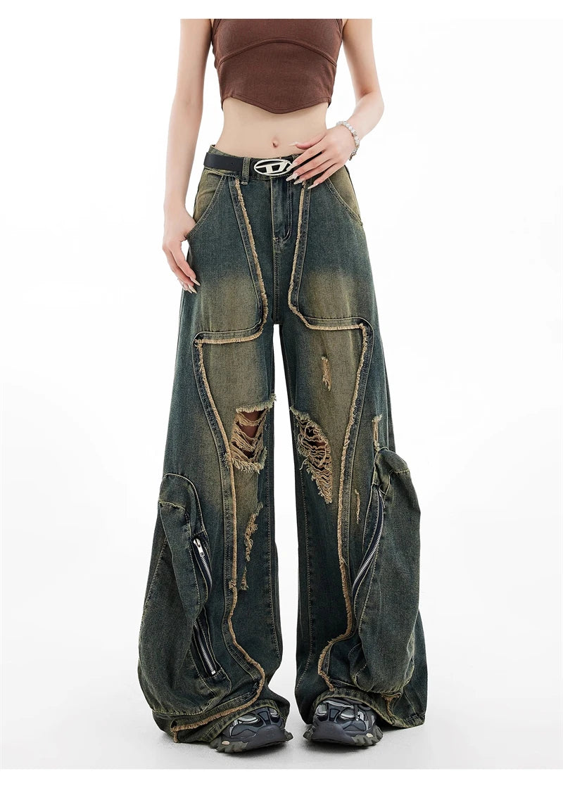 Women Y2k Baggy Cargo Jeans Harajuku Oversize Ripped Denim Trousers Vintage Japanese 2000s Style Jean Pants Trashy Clothes 2024