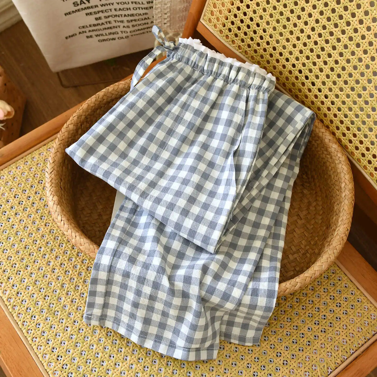 2026 new women's sleepwear 100% cotton gauze lace checkered pants Japanese minimalist home pants bottoms womens sleepwear