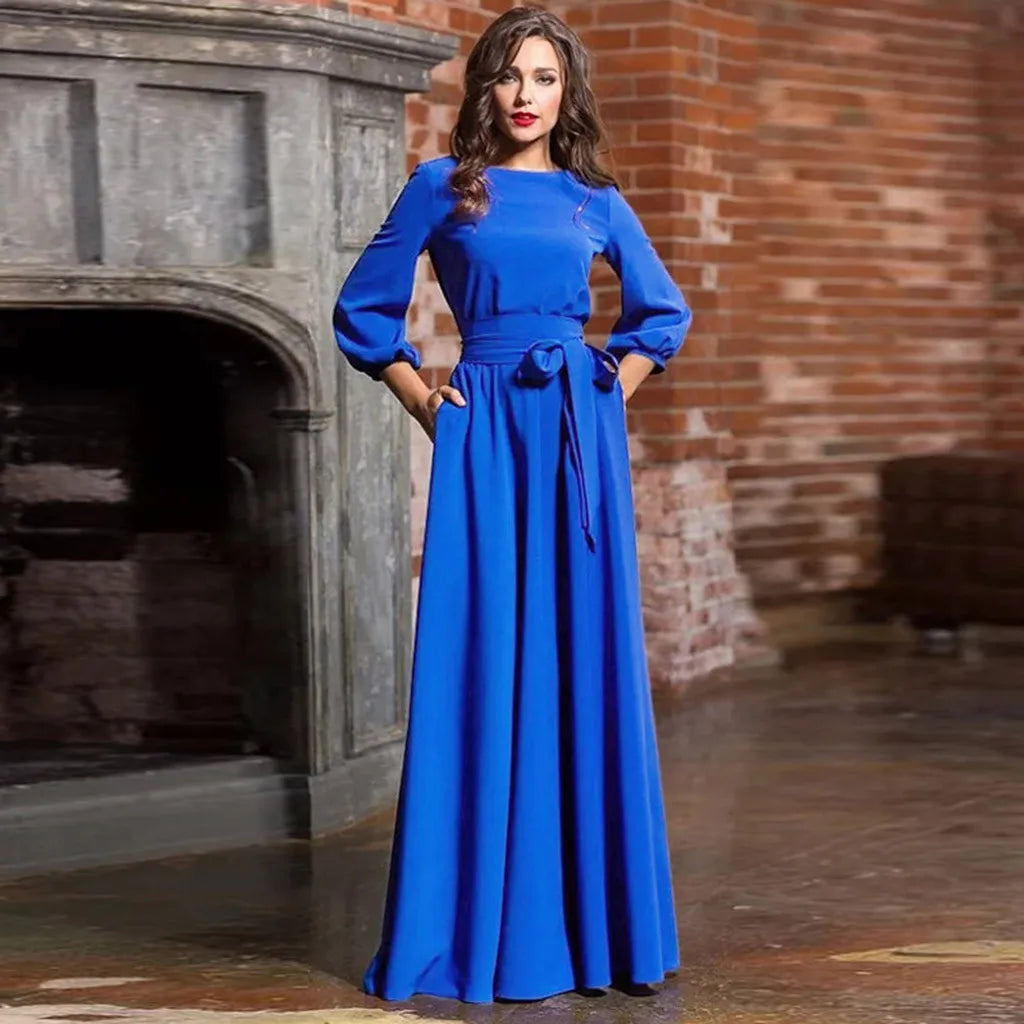Women's Long Sleeve Dress A Line Solid Tie Up Waisted Formal Dresses For Women Vintage O Neck Medieval Long Dresses For Women