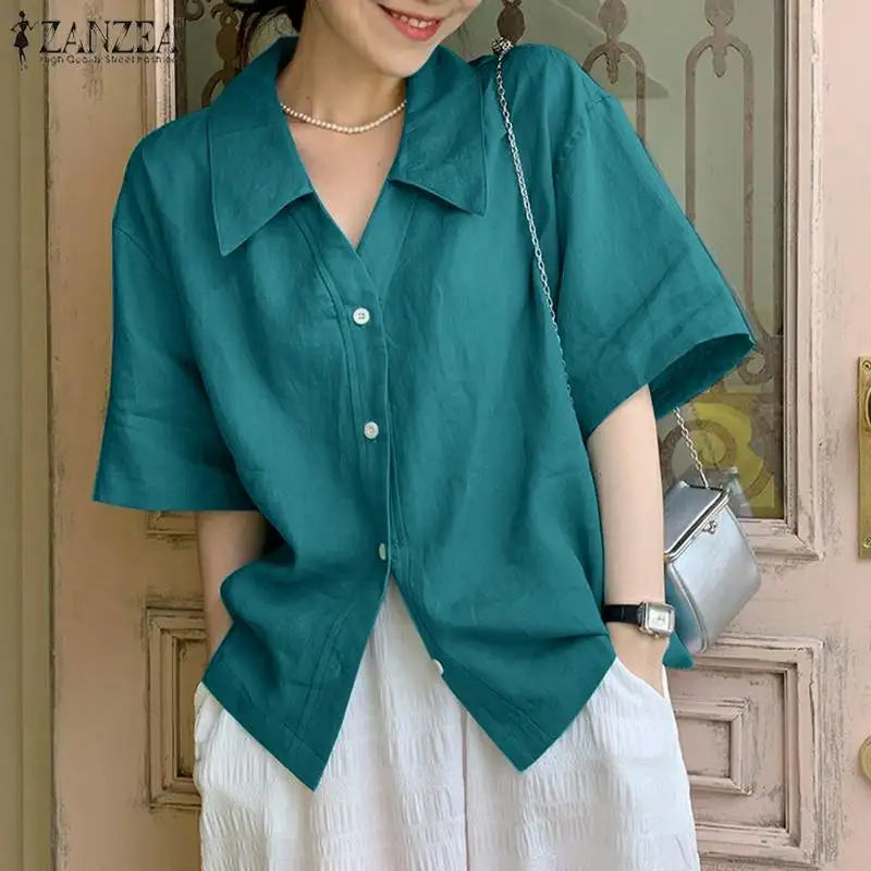 2023 ZANZEA Summer Shirt Women Blouses Turn-Down-Collar 3/4 Sleeved Buttons Up Blouse Loose Tops OL Shirts Solid Blusas Tunic
