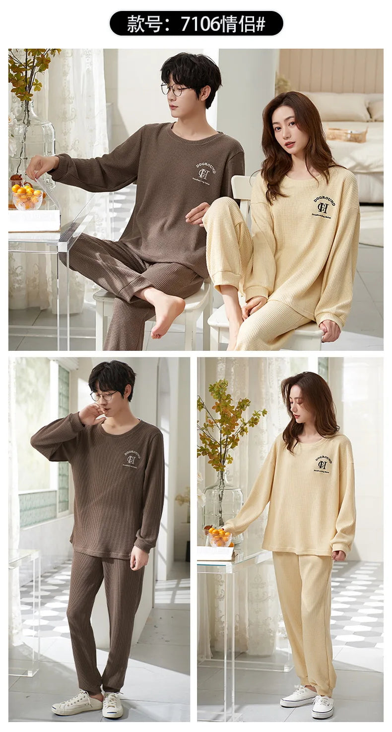 Couple Long Sleeves Sleepwear Autumn Winter Cotton Pajama Sets Print Pants Homewear Kawaii Clothes 2 Piece Sets Nightwear Lovers