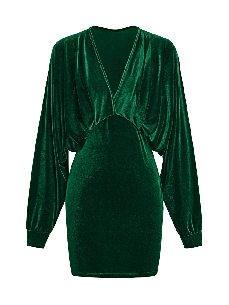 2025 Autumn and Winter Women's Long Sleeve V-Neck Sexy Solid Color Fashion Bodycon Mini Dress