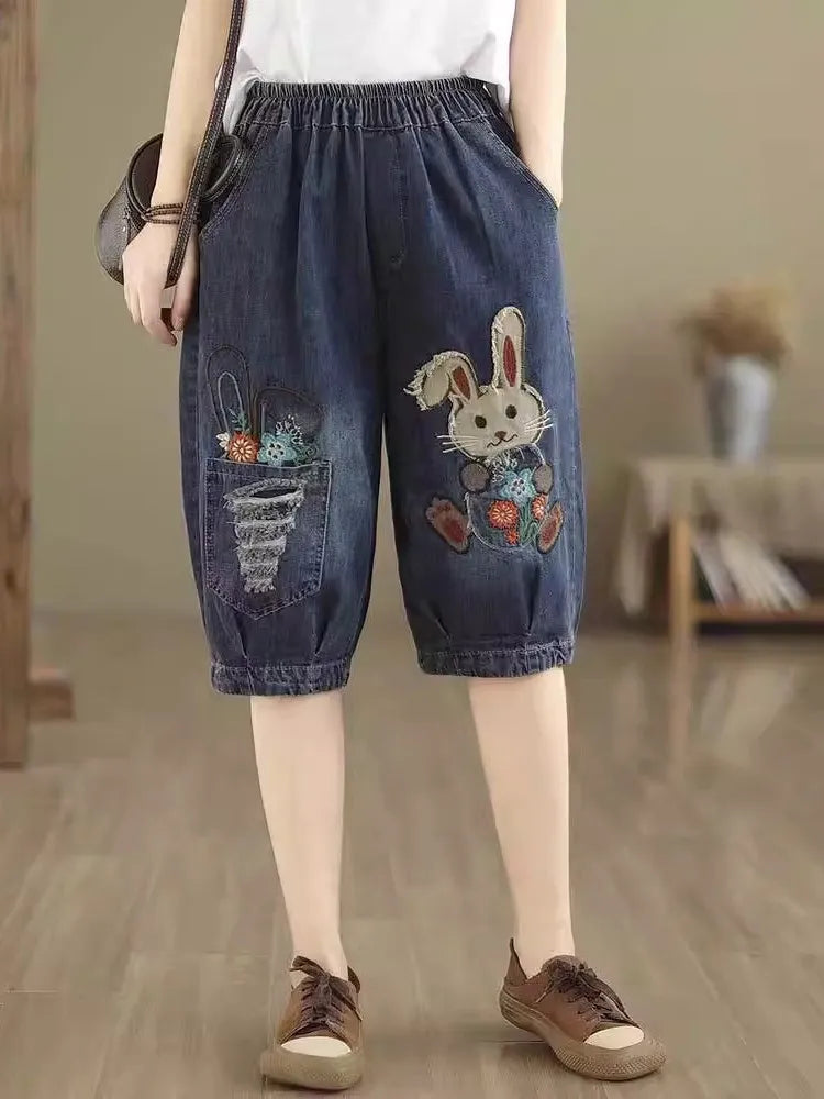 High Waist Loose Fit Cartoon Embroidery Denim orts Women's Summer Thin Harem Pants Wide Leg Casual Trousers