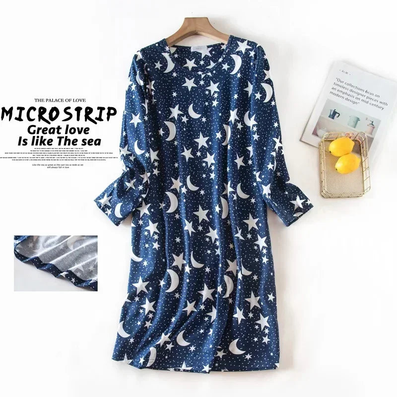 Knitted Cotton Women Plus Size Lingere Nightgown Loose Nightdress Long Sleeve Night Gown Cute Cartoon Home Dress Sexy Sleepwear