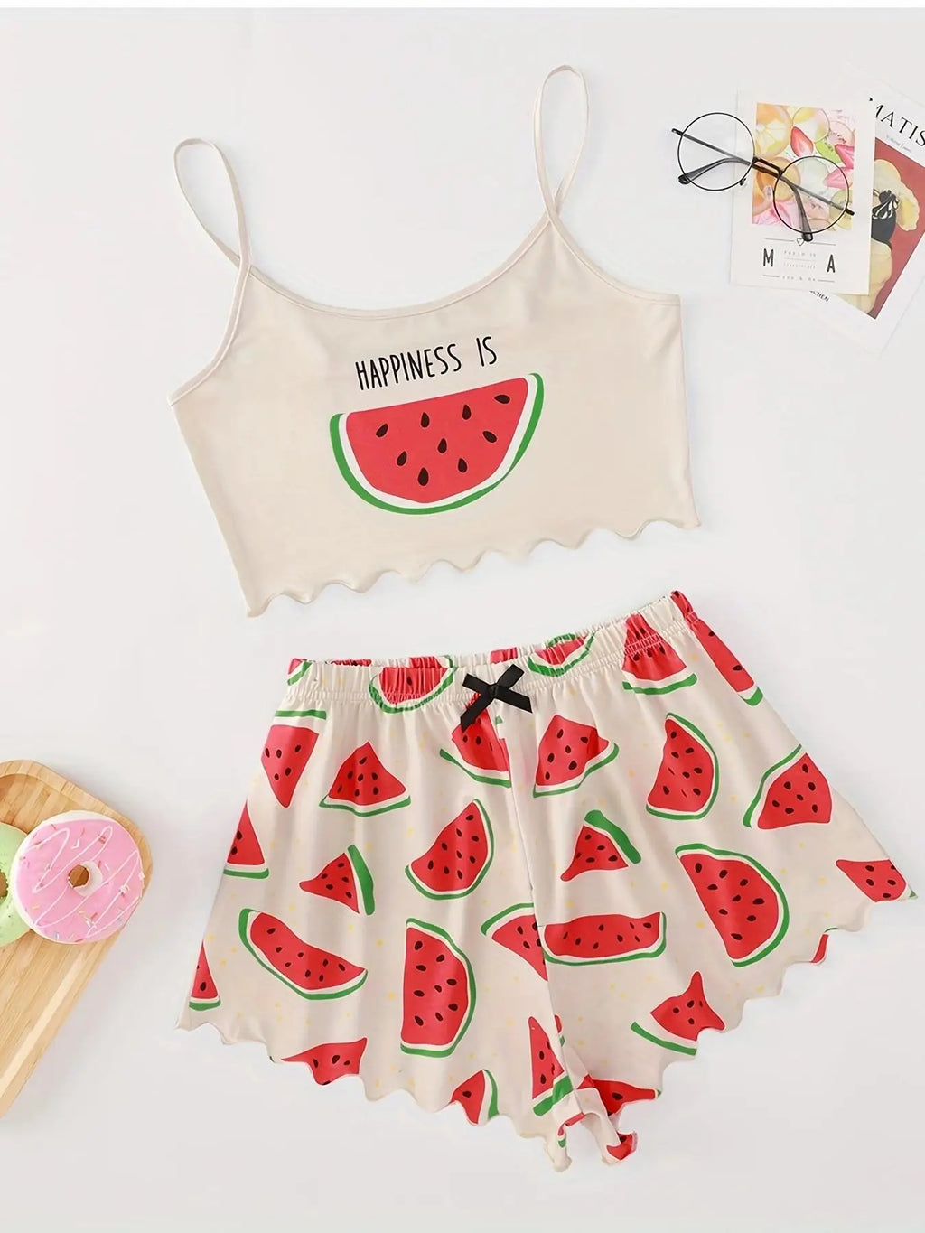 Watermelon Lettuce Women Pajama Set Sleeveless O Neck Crop Top & Elastic Waist Shorts 2 Pieces Female Sleepwear Summer Nightwear