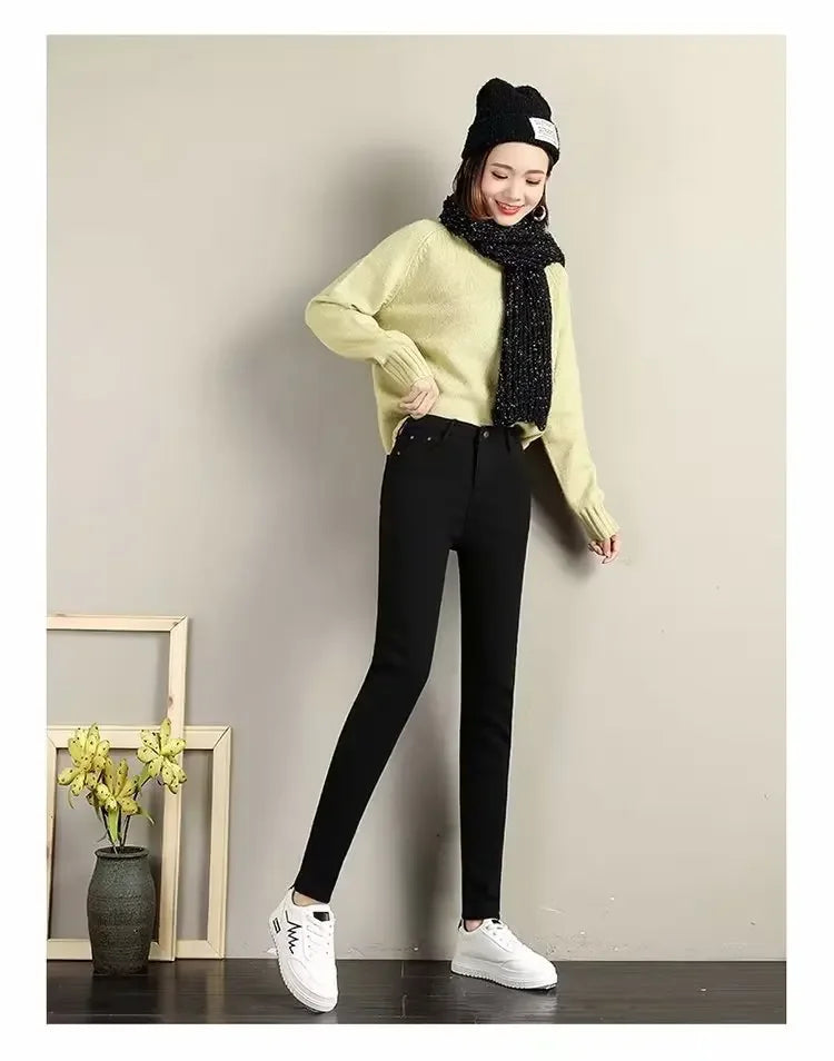 High Waist Fleece Lined Skinny Jeans Women's Autumn Winter New Style Pure Color Slimming Tight Fit Ankle Length Pants