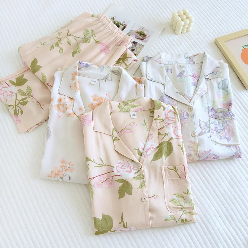 2023 Spring/Summer New Women's Pajama Set Gongsatin Cotton Women's Pajama Silk 100% Viscose Polka Dot Print Sleepwear 2-Piece