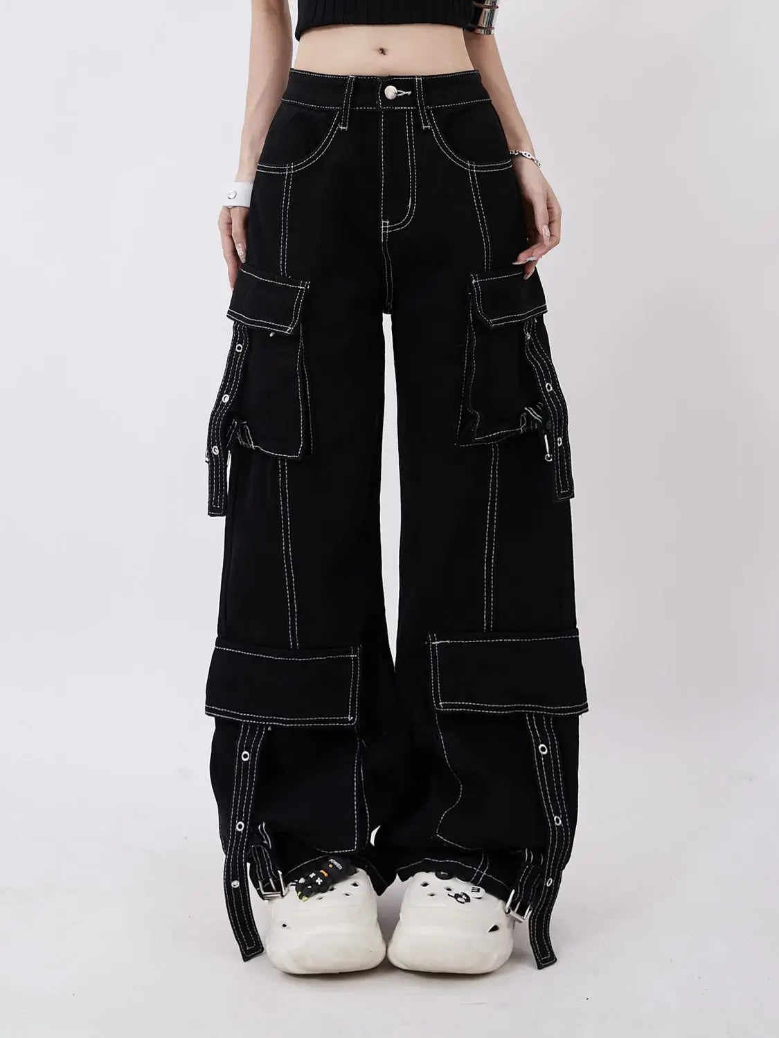 ADAgirl Black Cargo Jeans Women Y2k Harajuku Vintage Baggy Pockets Korean Wide Leg Denim Pants Hip Hop Causal Female Trousers