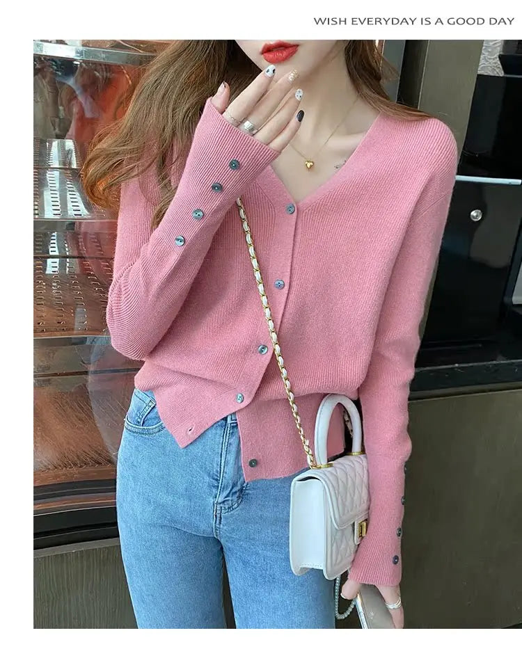 2025 Autumn And Winter Casual Sweater V Neck Women Korean Fashion Tops Long Sleeve Solid Basic Knitted Cardigan Female