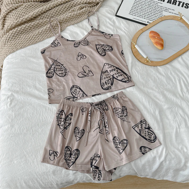 Summer Women's Cherry Print Pajama Set Sexy Ice Silk Sleeveless Vest and Shorts Girls Casual Cute Printed Sleepwear for Lounging