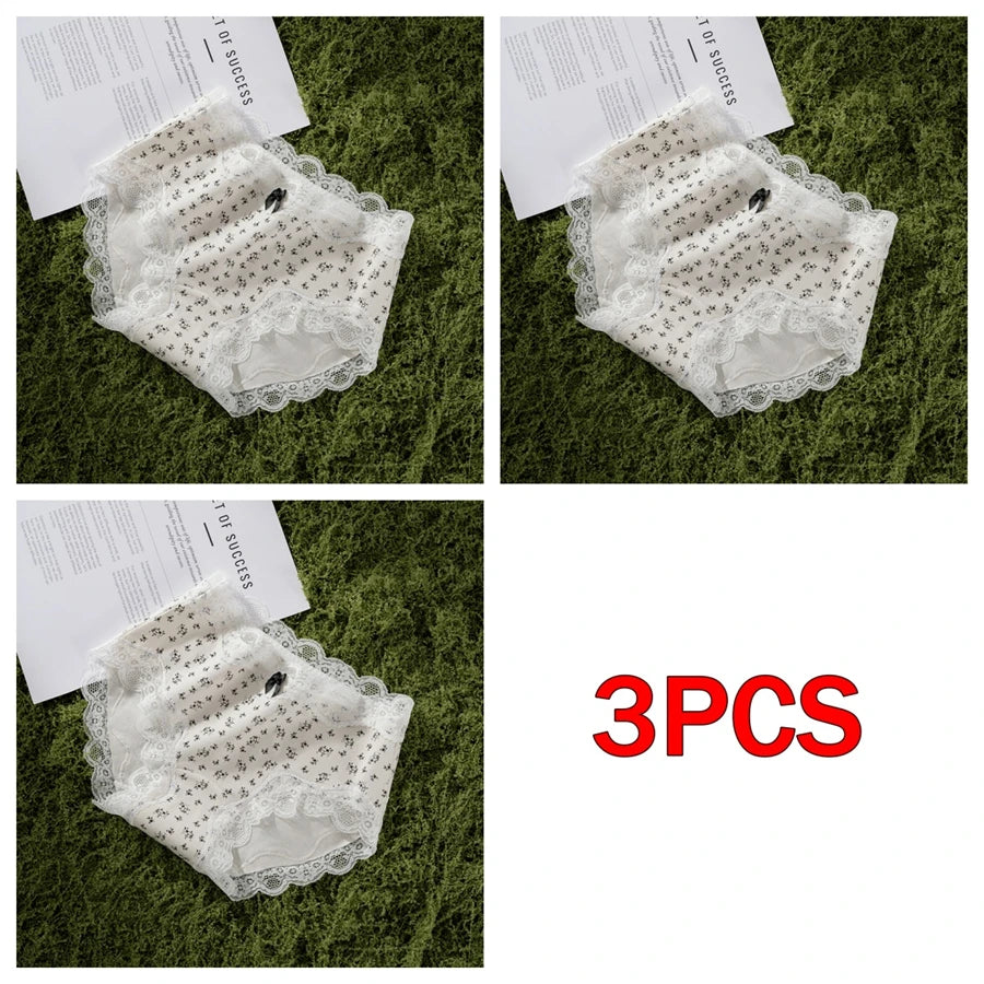 3Pcs Floral Cotton Crotch Panties Women's Underwear Cute Bow Brief Mid Waist Breathable Sexy Lace Female Lingerie Panties