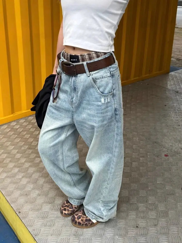 Wash Retro Light Blue Neutral Denim Trousers Women's Summer Cool Girl Pants Vintage Bottoms Female High Waist Wide-leg Jeans