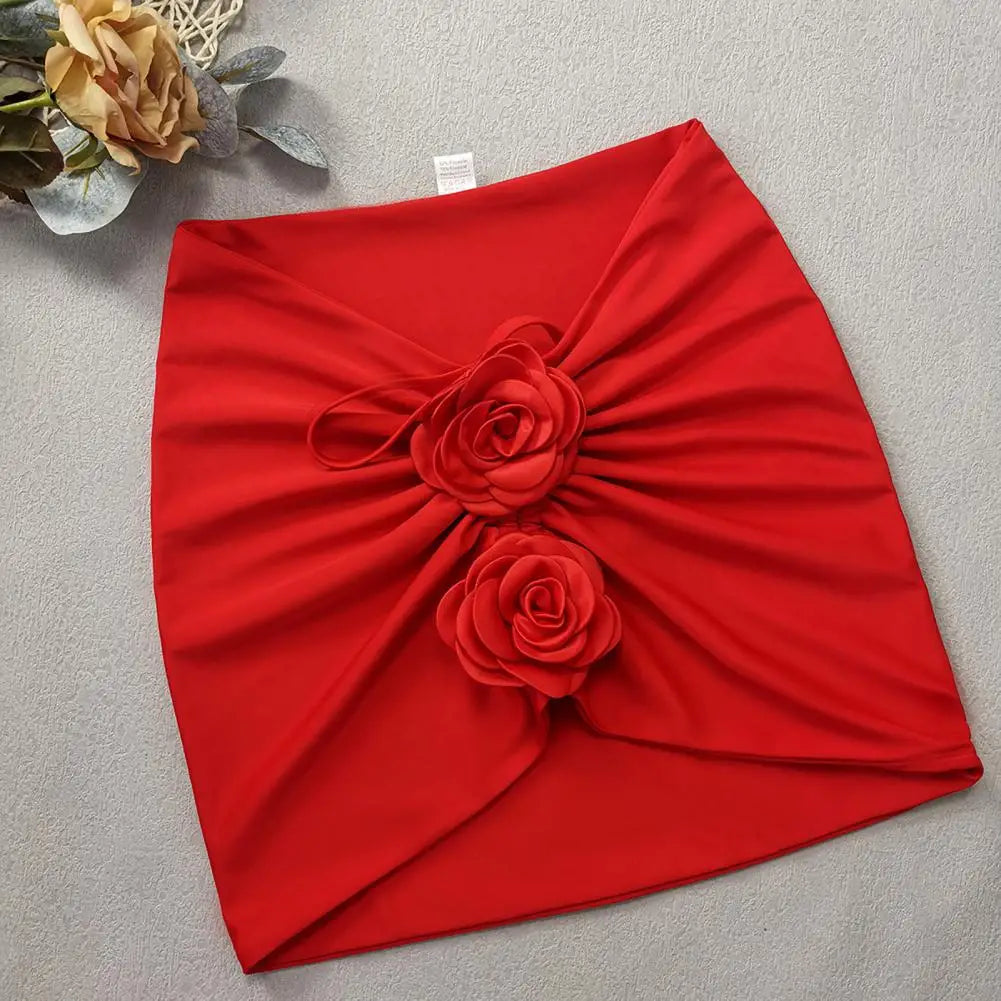 3Pcs/Set Women Summer Bikini Set 3D Rose Flower Decor Halter Bandeau Pleated Bra Swimming Trunks Overskirt Set Swimsuit 수영복 세트