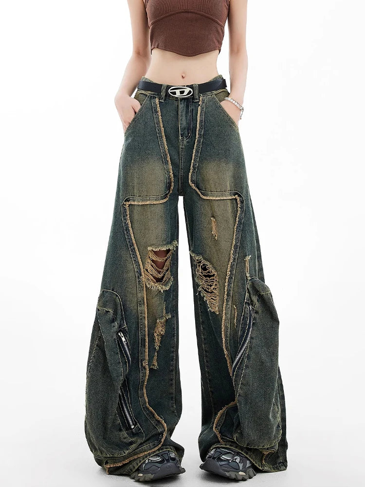 Women Y2k Baggy Cargo Jeans Harajuku Oversize Ripped Denim Trousers Vintage Japanese 2000s Style Jean Pants Trashy Clothes 2024