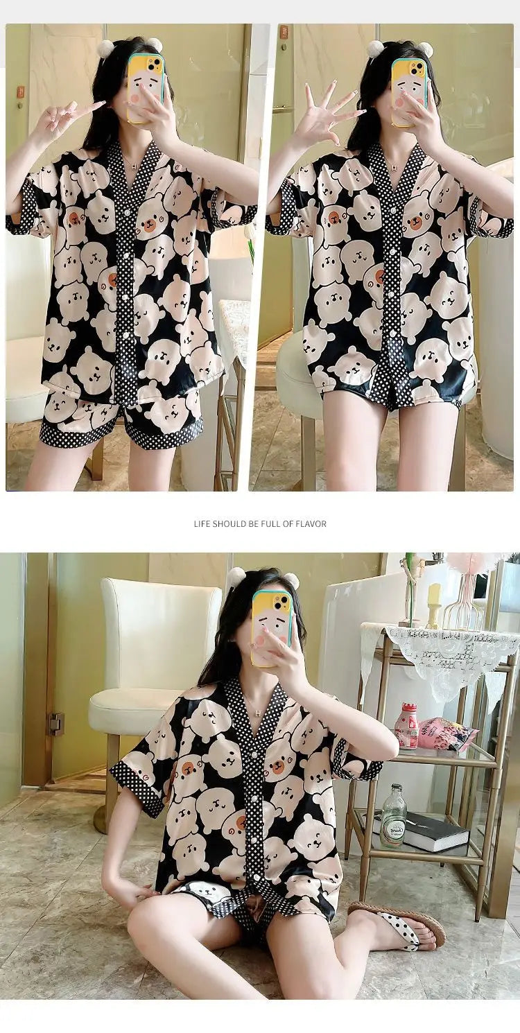Luxury Women Silk Sleepwear Summer Short Sleeve Cardigan Shorts Two Pieces Homewear Kawaii Clothing Pajama Sets Nightwear Korean