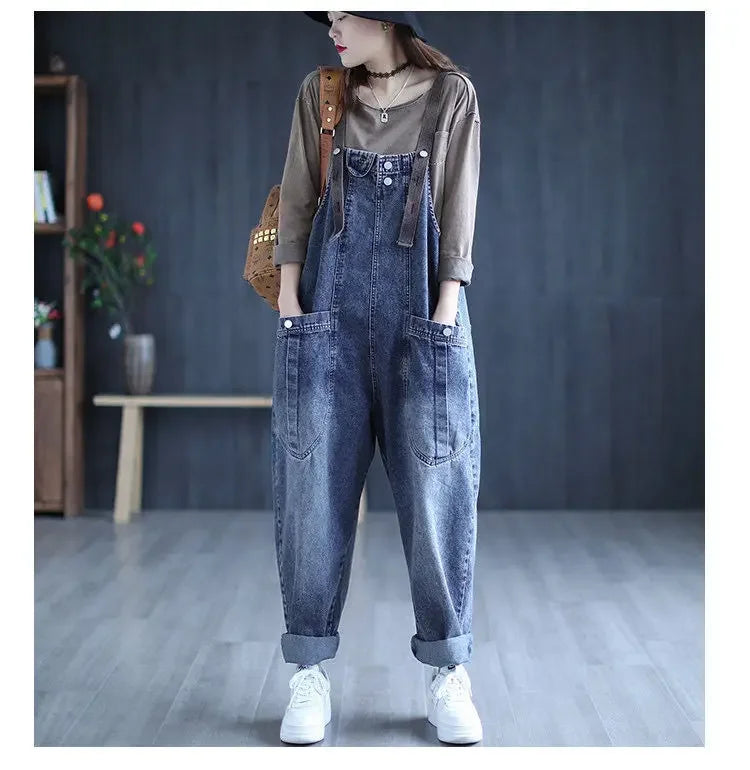 Loose Casual Denim Overalls Women's Wide Leg Pants Harem Jumpsuits Ageless plus Size New 2025 Fashion from Mainland China