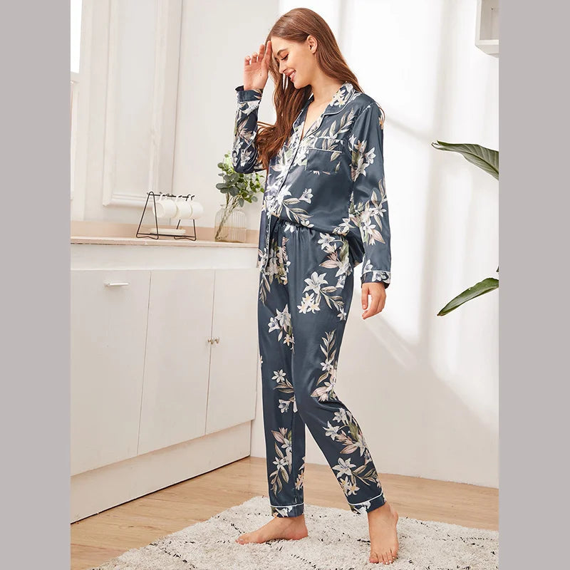 Spring Autumn pajama women Silk Satin pajamas set Long sleeve Shirt with Trouser Sleepwear Loungewear Female Pyjamas Suits Mujer