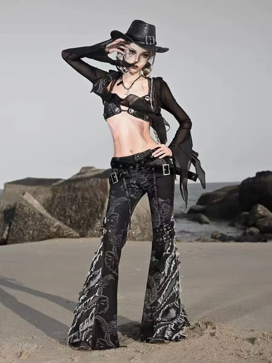 American Subculture Printed Dragon Pattern Raw Edge Slightly Flared Jeans Women's Personalized Low-waisted Slim Fit Flared Pants