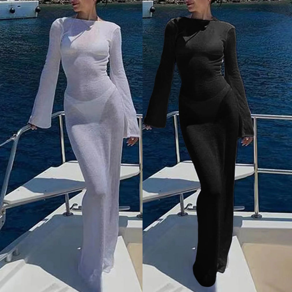Sexy Women Long Knit Sleeve Bikin Backless Solid Dresses Fashion Cover Up Female See-Through Hollow-Out Beach Knitwear Dress