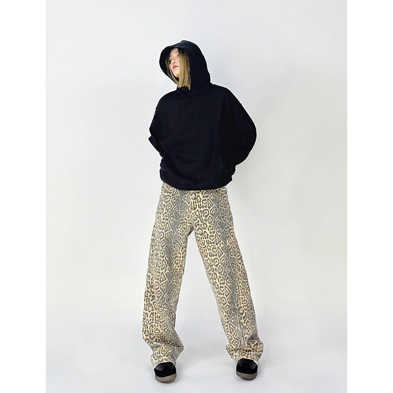 American Retro High Street Casual Overalls Leopard Print Loose Wide Leg Pants For Women Y2k Hip-hop Cargo Grunge Baggy Trousers