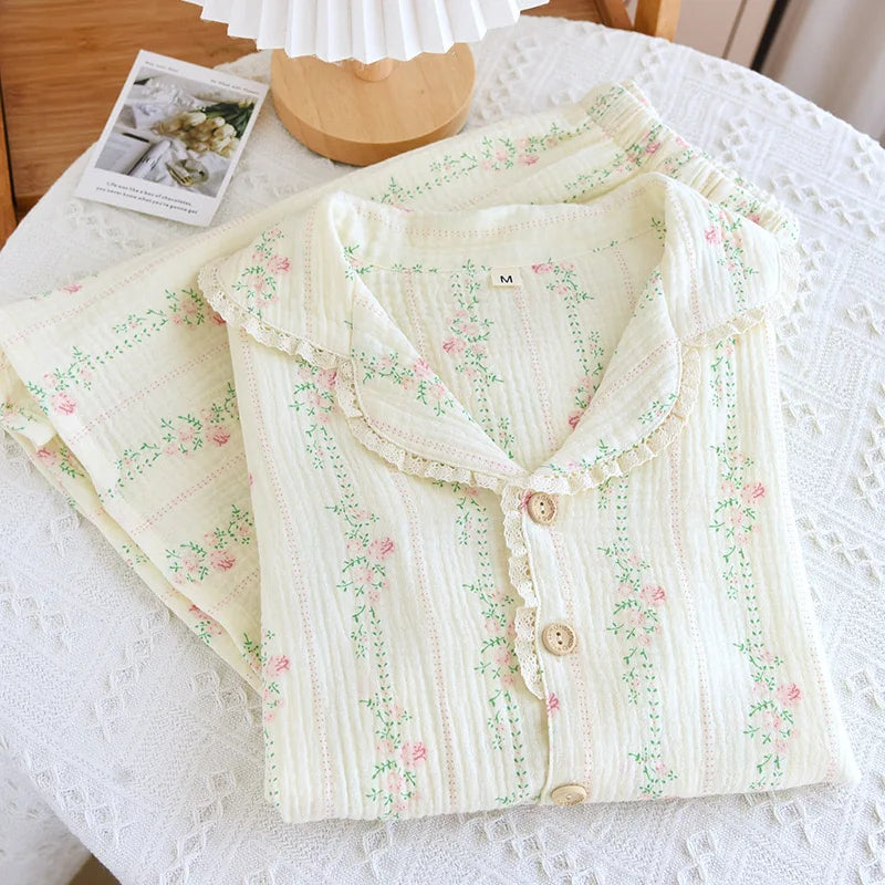100% Cotton Gauze Women Pajamas 2025 New Spring/Autumn Sleepwear Female 2 Piece Set Nightwear Lady Pyjamas Loungewear