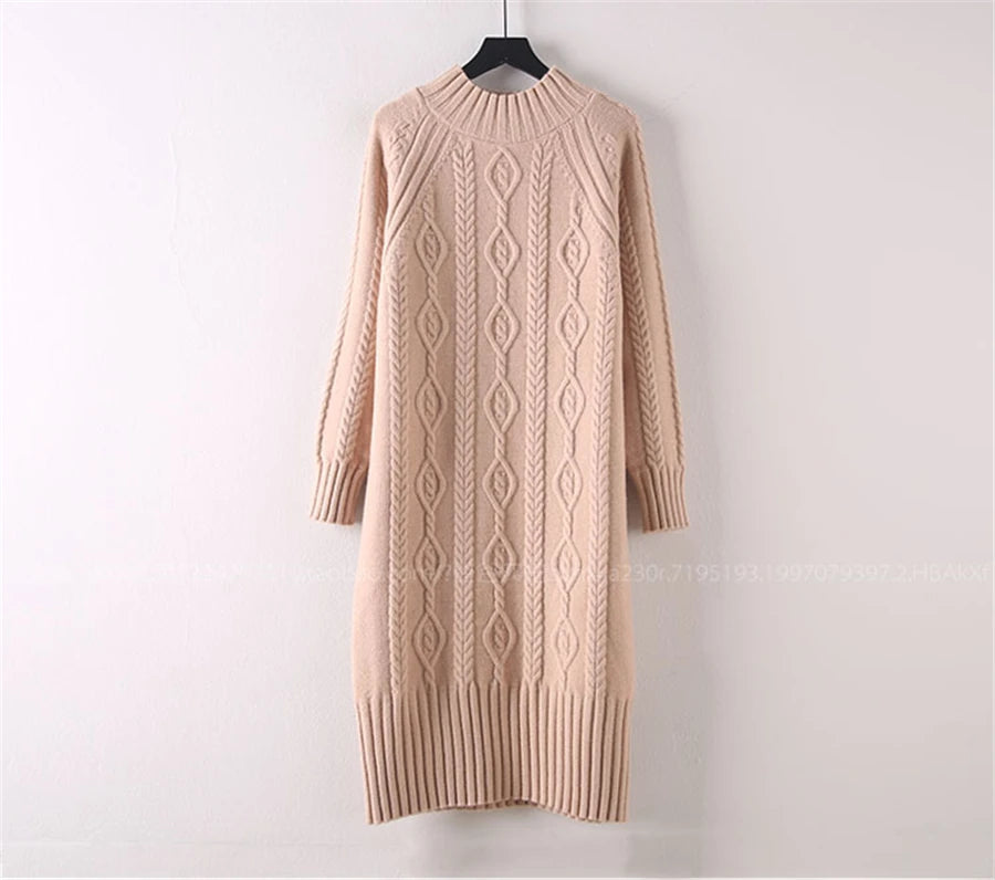 Winter Thicken Plush Velvet Lined Sweater Dress Women's Fall Half Turtleneck Rib Knit Bottom Dresses Elegant Warm Vestido Midi