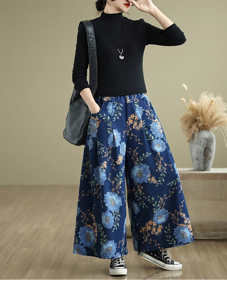 NYFS 2025 New Summer Vintage Print Woman Jeans Loose Plus size Trousers Elastic Waist Denim Wide Leg Pants