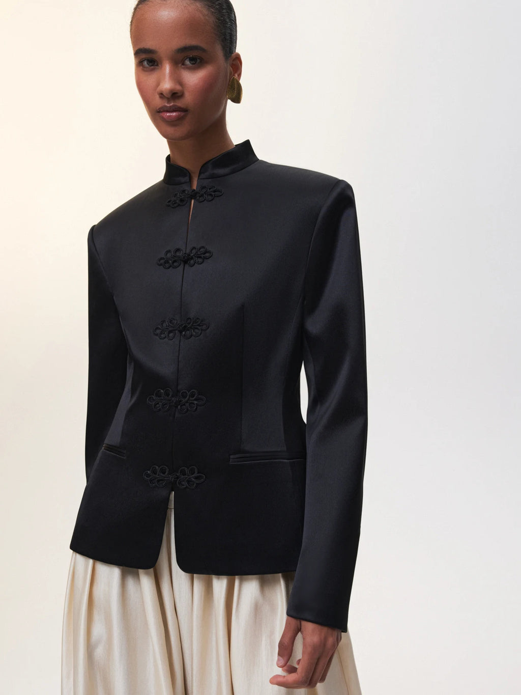 DFDG Women's Spring Summer Satin Mandarin Collar Knot Button Blazer Chic Formal Casual Wear 2026 Trendy Feminine Fashion Coat