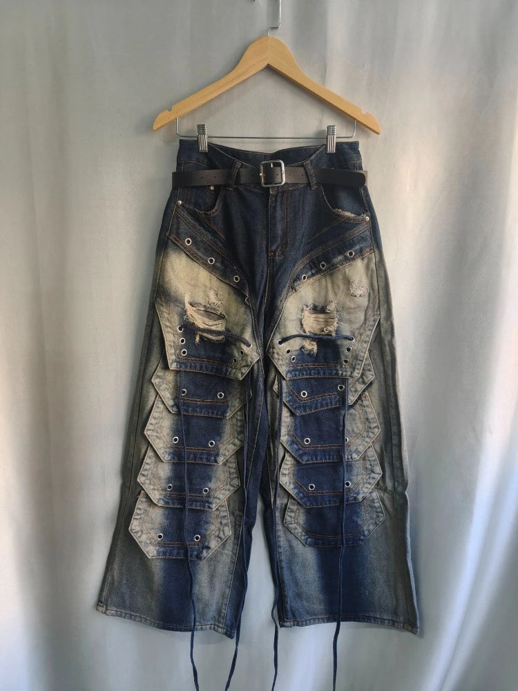 American Vintage Heavy Wash Wid Leg Pants Punk Style Y2K Goth Slim Personalized Streetwear Fairycore Jeans Lace Up Design Pants