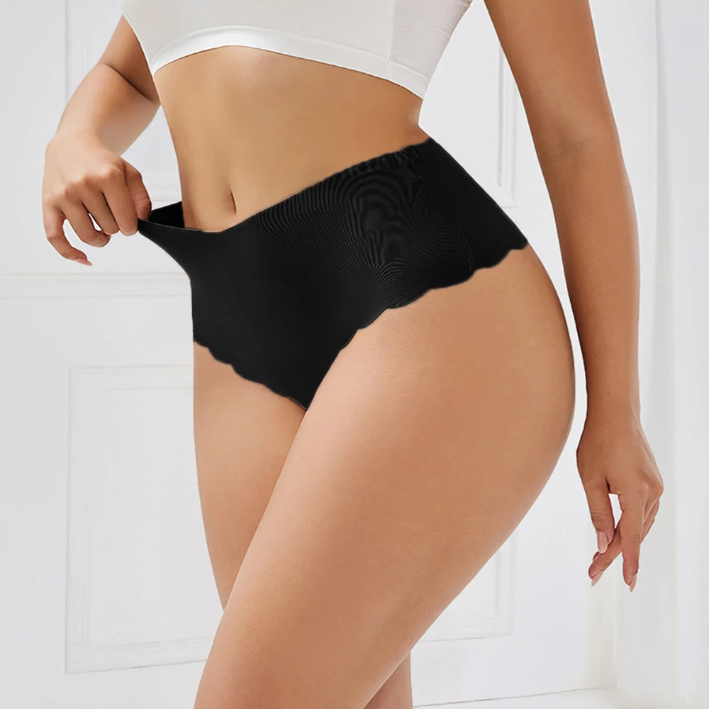3Pcs/Set High-Waist Women's Panties Thongs Plain Slip Silk Wave Edged Fashion Seamless Female Underwear G-String for Ladies XS-L