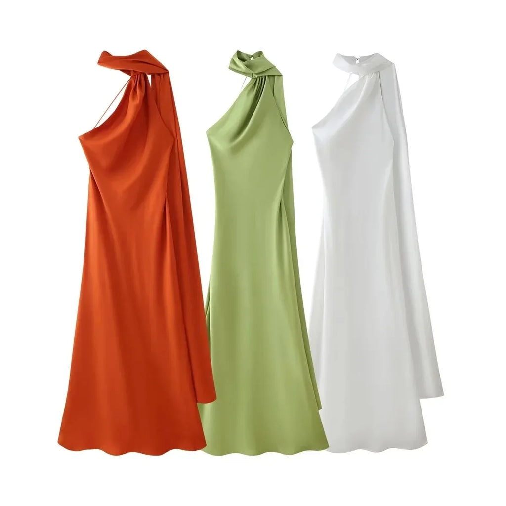 Women's Selling Fast Silk-Satin Feeling Halter Neck Dress European and American Style Sleeveless Summer Fashion Dress