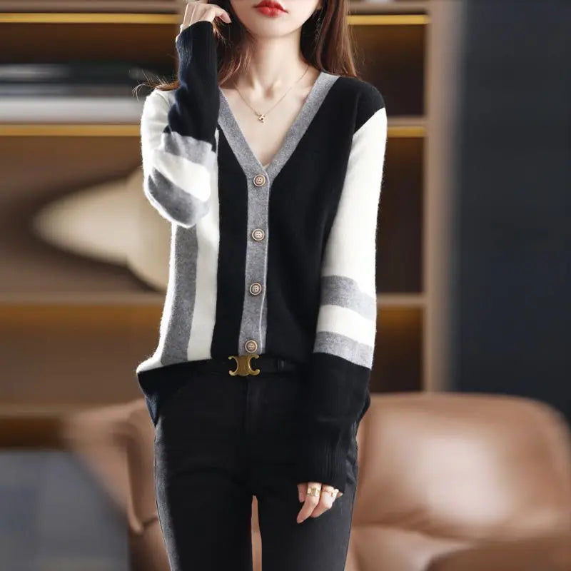 2023 New Spring and Autumn Fashion French Niche V-neck Stripe Color Blocking Loose Casual Lazy Style Women's Sweater Cardigan