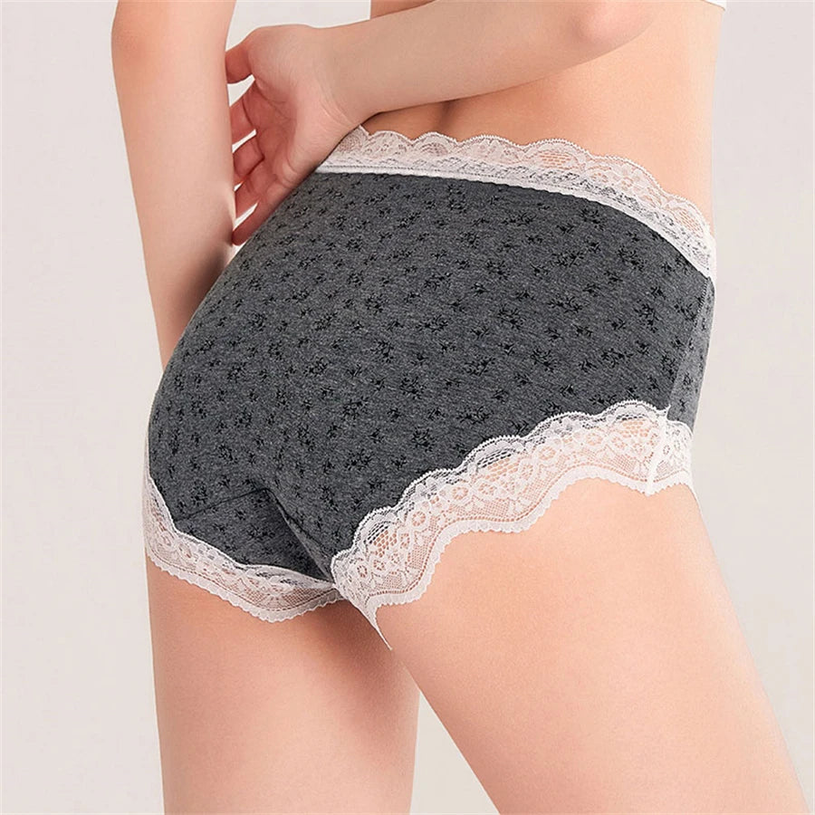 3Pcs Floral Cotton Crotch Panties Women's Underwear Cute Bow Brief Mid Waist Breathable Sexy Lace Female Lingerie Panties