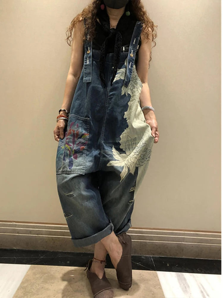 Amax luluE 2025 Korean Fashion Spring Female Printed Denim Overalls Ladies Vintage Casual Jeans Women Loose Trousers Wide Pants