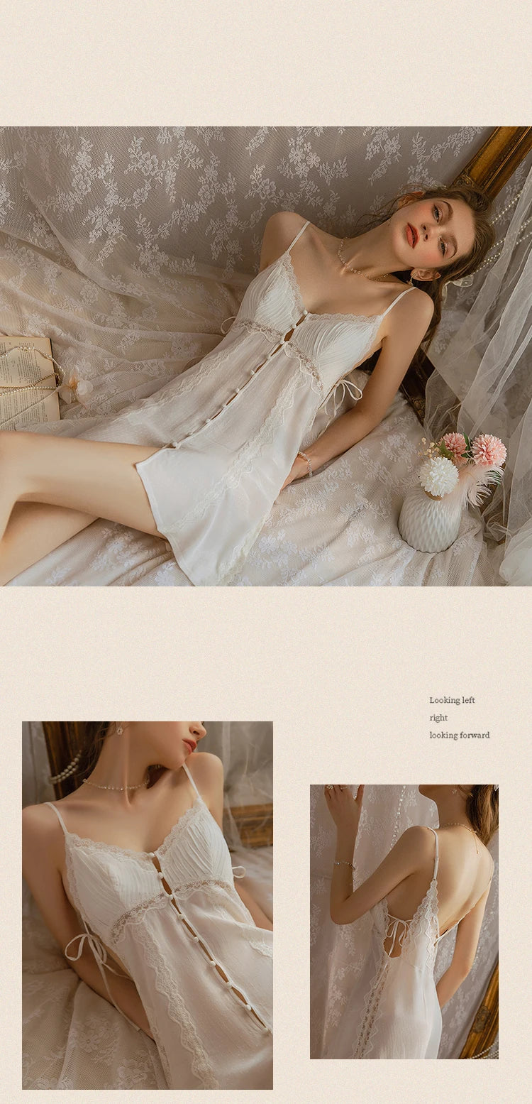 Elegant Women Nightgowns Sexy Pajamas Pure Desire Front Split Lace Spaghetti Strap Nightdress Summer Thin 2022 New Night Gown