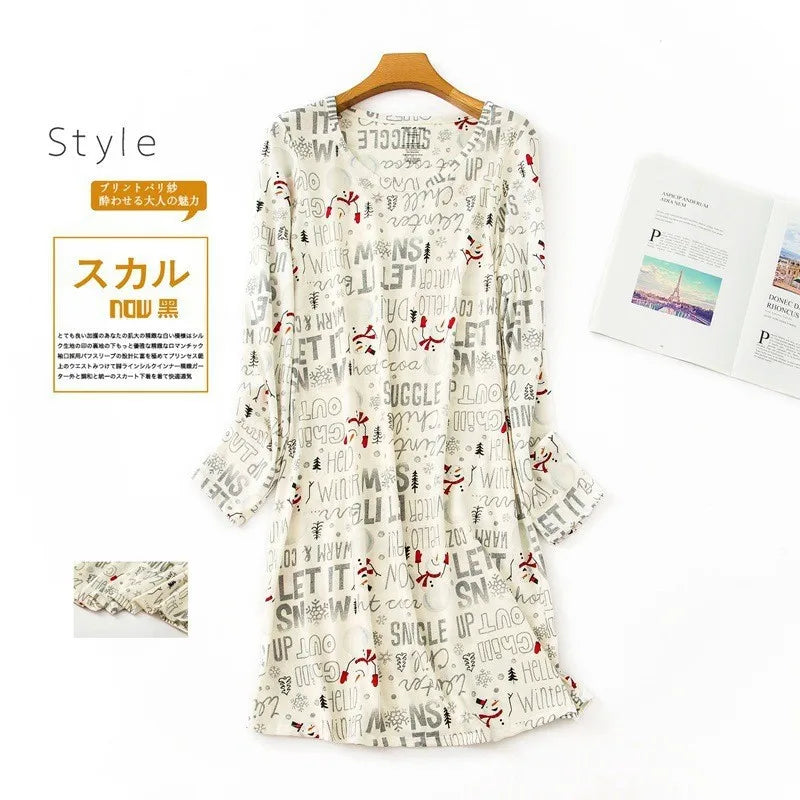 Knitted Cotton Women Plus Size Lingere Nightgown Loose Nightdress Long Sleeve Night Gown Cute Cartoon Home Dress Sexy Sleepwear