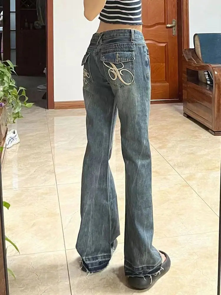 New high street retro hottie micro-flare jeans women American Y2k autumn and winter raw edge splicing slim trousers