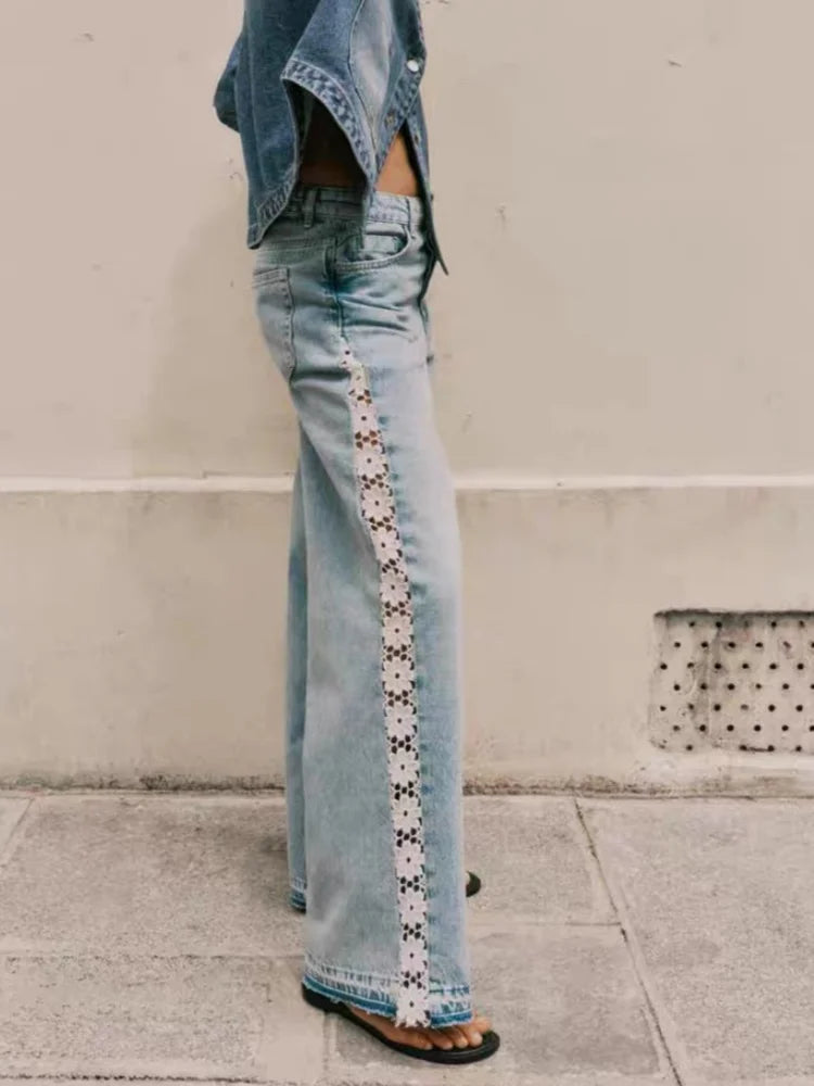 2026 Ropa Y2K Fashion Hollow Lace Patchwork Vintage Blue Baggy Jeans Pants For Women Clothing Korean Casual Lady Denim Trousers