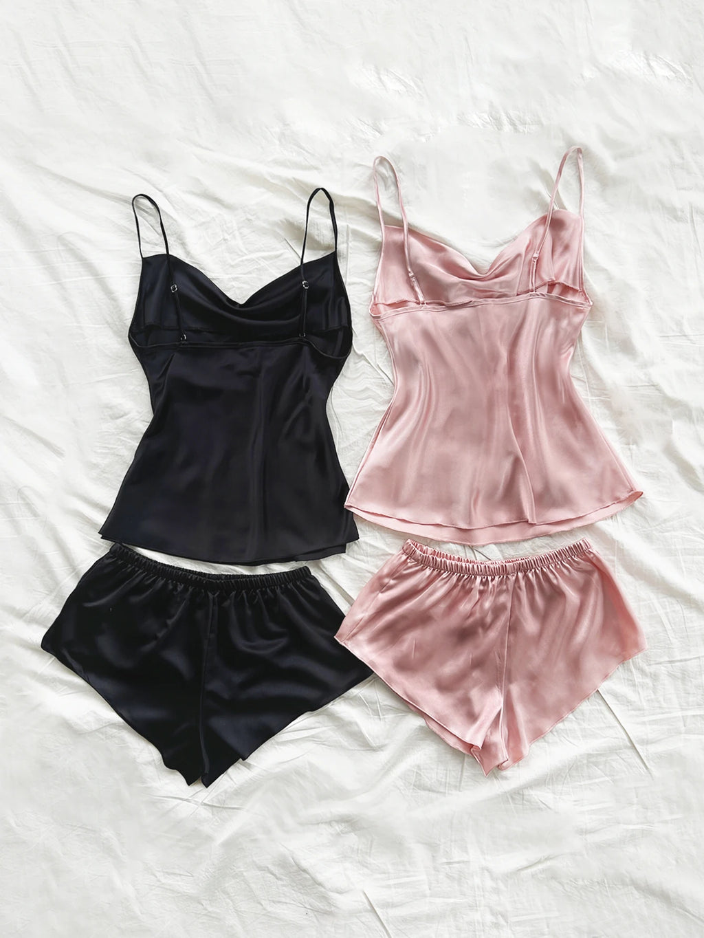Summer Women's Sexy Solid Satin Pajama Set Top and Shorts soft and comfortable Four piece set