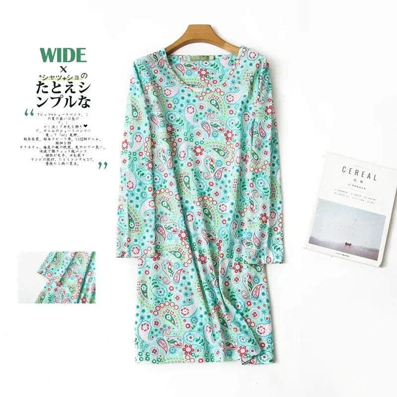 Knitted Cotton Women Plus Size Lingere Nightgown Loose Nightdress Long Sleeve Night Gown Cute Cartoon Home Dress Sexy Sleepwear