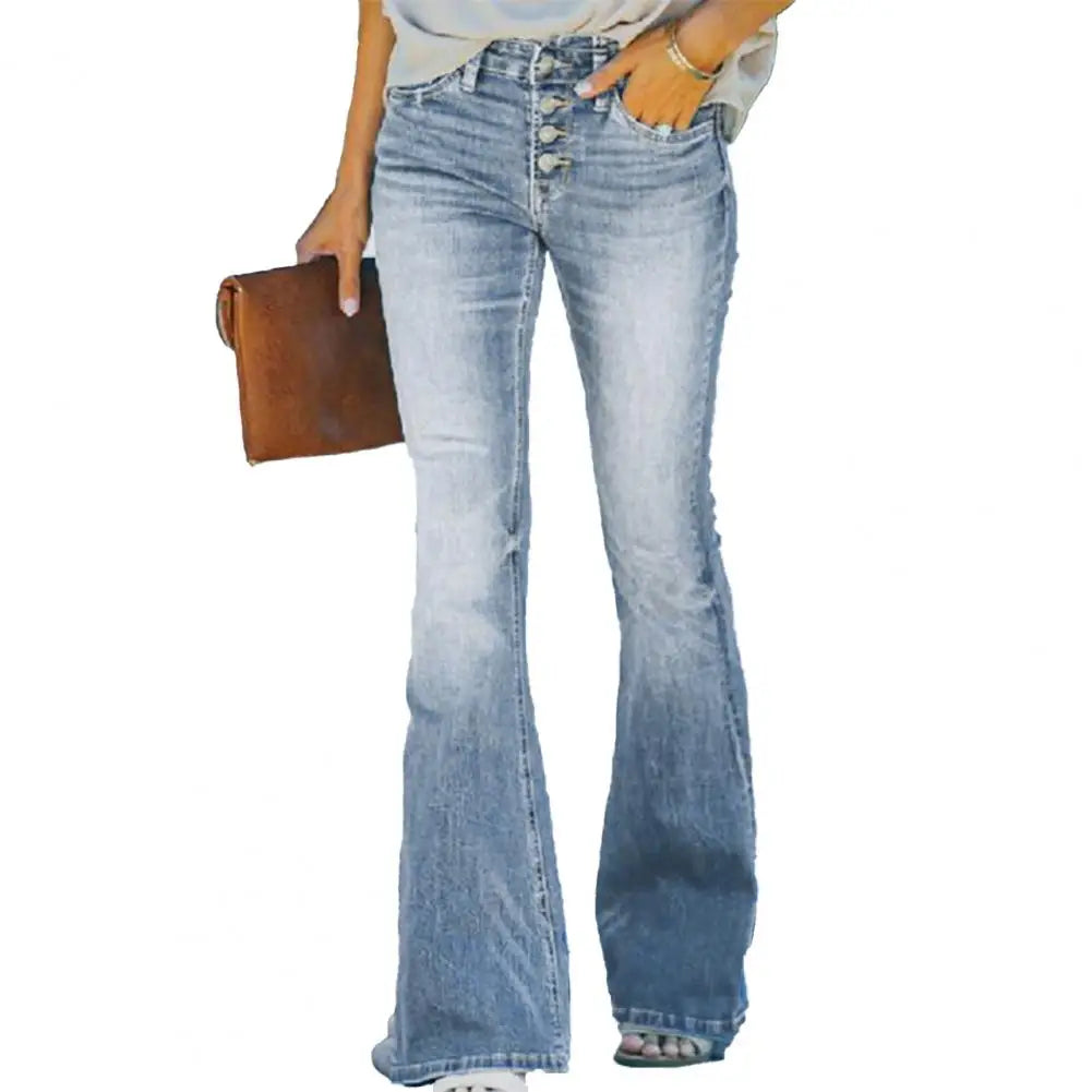 Women Denim Jeans High Waist Flared Hem Women's Jeans with Gradient Color Matching Bell-bottomed Pants Slim Fit Denim Trousers