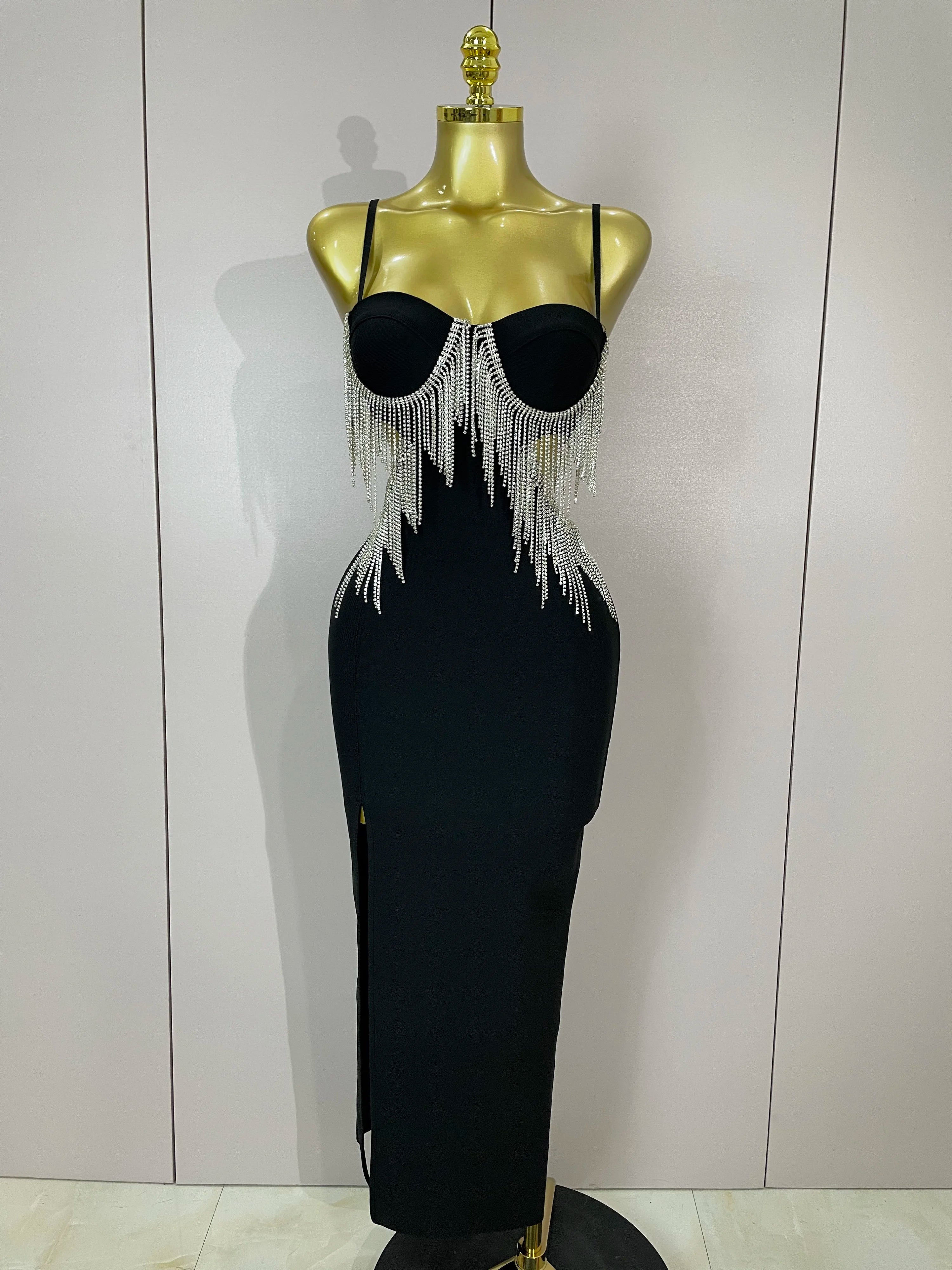 Stock Shinning Chain Sexy Strap Sleeveless Bodycon Long Bandage Dress Women Celebrate Evening Party High Quality Birthday Outfit