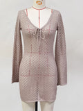 V Neck Long Sleeve Hollow Out Crochet Knitted Tunic Beach Cover Up Cover-ups Beach Dress Beach Wear Beachwear Female Women V6081