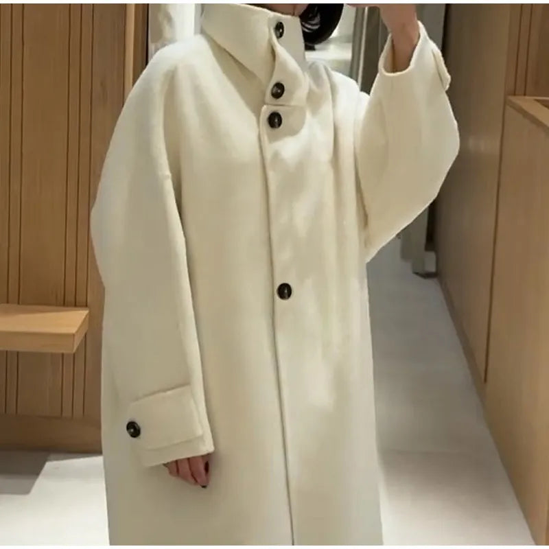 Elegant Stand Collar Long Woolen Coat Women Loose Full Sleeve Single Breast Warm Overcoat 2026 Spring Lady Outwear New