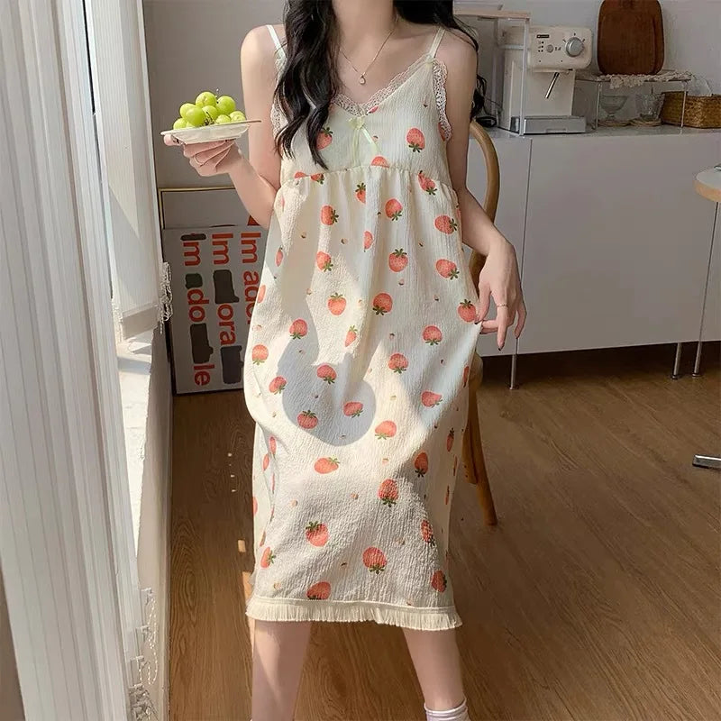With Chest Cushion Halter Nightgown Female Summer Floral Breathable Thin Section of the Princess Style Loose Knee-Length Pajamas