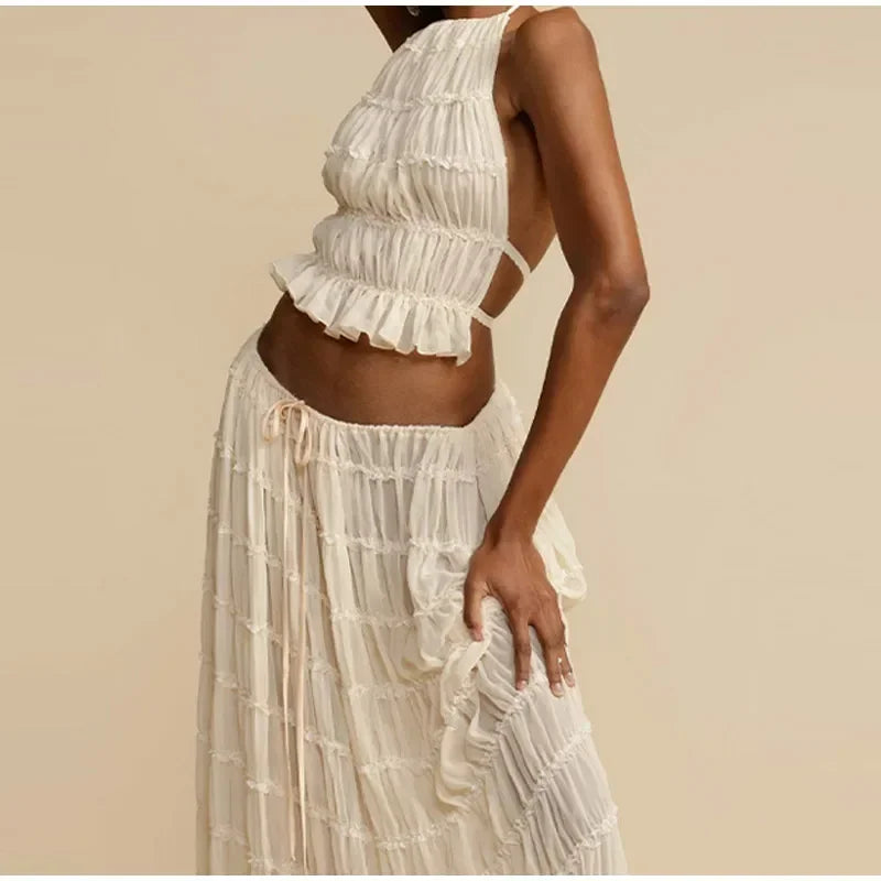 Halter Neck Long Skirt Suit Women Summer Party Beach Backless Sling Top + Lace Up Fold Maxi Skirts 2 Piece Set Female Outfits